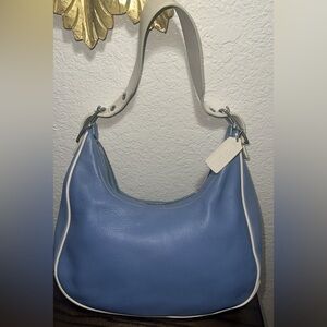 Coach Blue Leather Hobo Shoulder Bag w/ White Trim & Adjustable Strap- Vintage